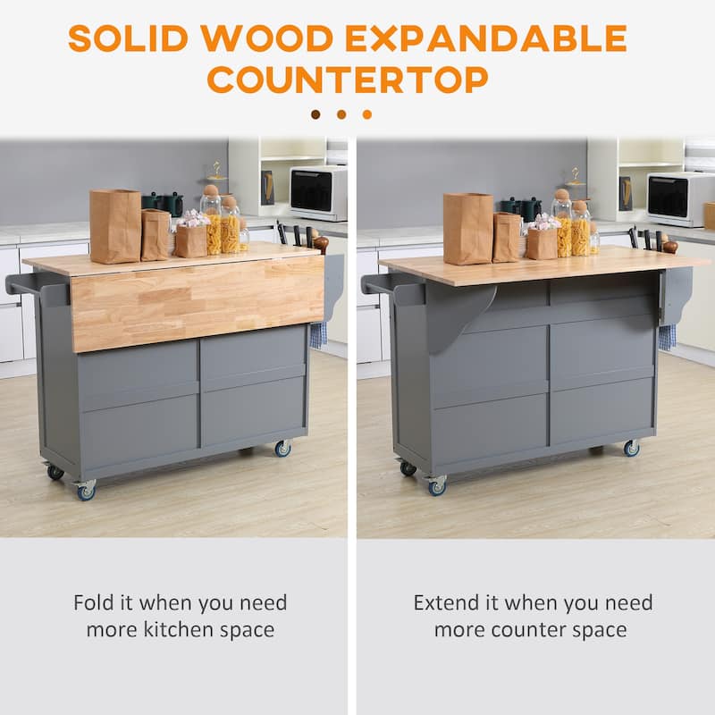 HOMCOM Rolling Kitchen Island on Wheels Utility Cart with Drop-Leaf and Rubber Wood Countertop, Storage Drawers, Dark Grey