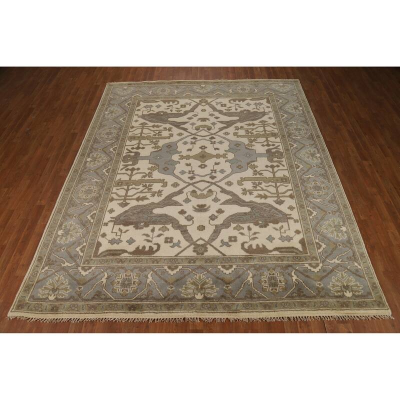 Ivory Oushak Indian Area Rug Handmade Wool Carpet - 8'1"x 9'8"