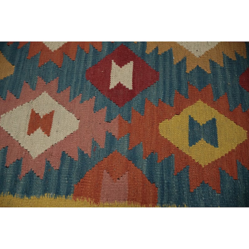Hand Woven Oriental 100% Wool Carpet Southwestern Geometric Navy Blue & Blues Kilim Runner Rug - 12' 9'' X 3' 6''