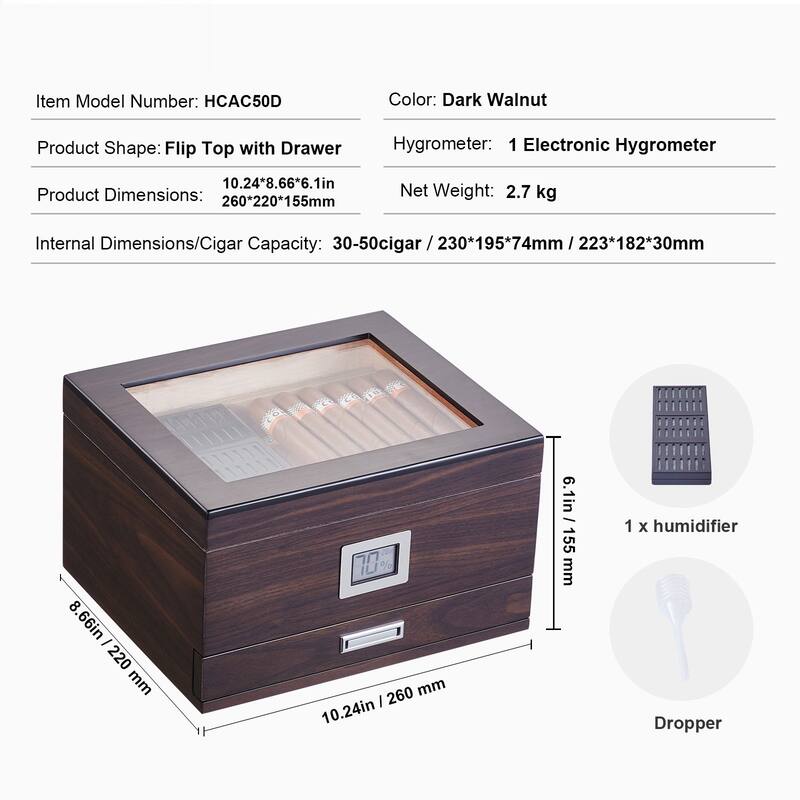 Cigar Humidor, Glass Top Cigar Humidor Box, Handmade Spanish Cedar Wood Cigar Desktop Box, Cigar Storage Case with Humidifier