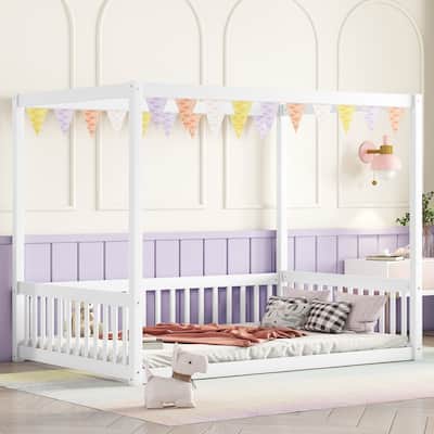 White Full Size Pine Wood Canopy Frame Floor Bed with Fence and Guardrails for Bedroom