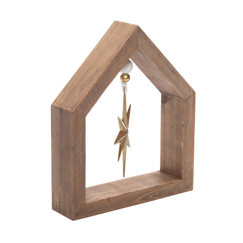 Transpac Wood 7 in. Brown Christmas Block with Dangle Metallic Star