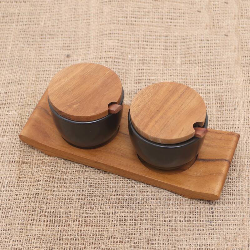 Novica Handmade Flavor Duo In Black Ceramic And Teak Wood Condiment Set