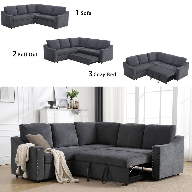 81.5'' L-Shaped 5-Seat Sectional Sofa with Pull-Out Bed and 6 Cushions, Multifunctional Corner Couch for Living Area