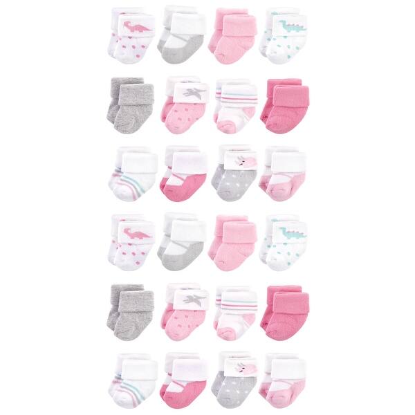 slide 1 of 1, Hudson Baby Cotton Rich Baby Terry Socks 24-Pack, Girl Dino, 0-3 Months - Girl Dino Girl Dino - 0-3 Months