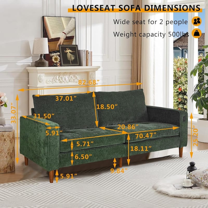 82.68'' Sofa for Living Room, Loveseat Sofa with USB/Type-C Port, Comfy Chenille Love Seat Couch with Removable Cover