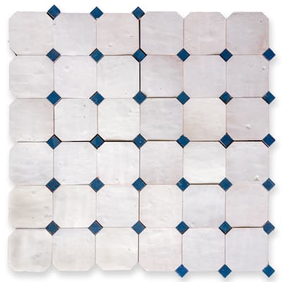 Contemporary Zellige Panels, 12" X 12" X 1/2", White -Moroccan blue Accents