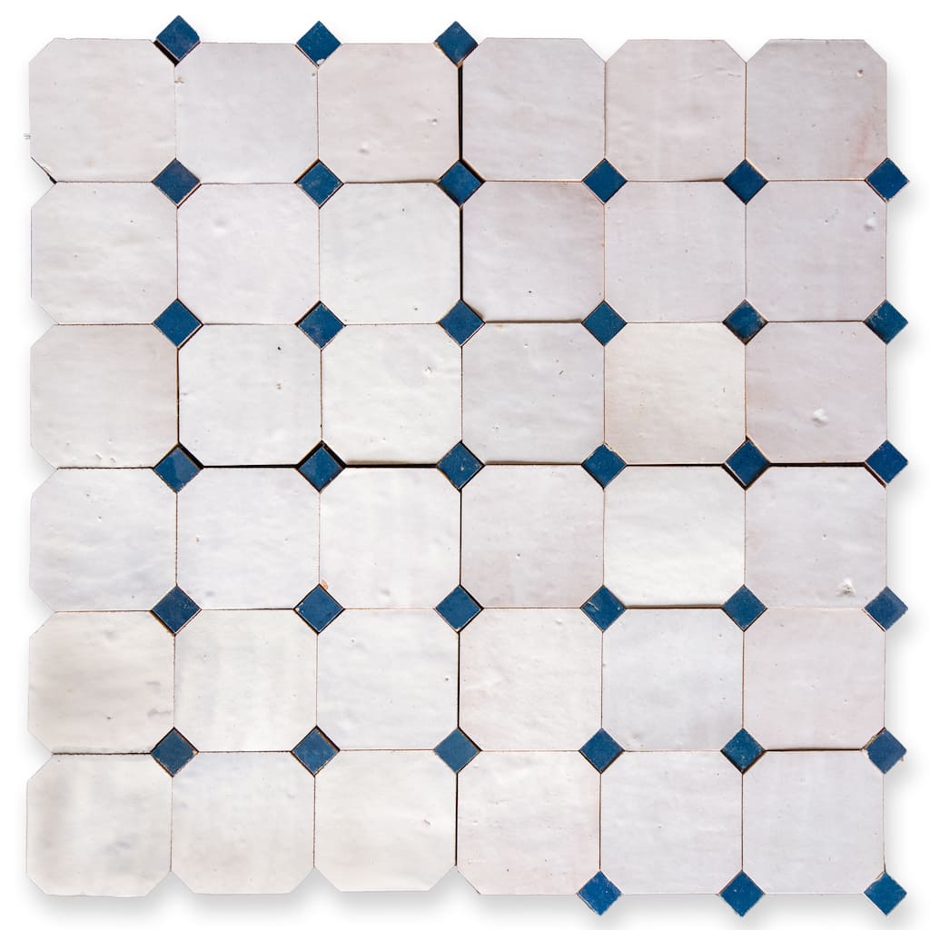 Contemporary Zellige Panels, 12" X 12" X 1/2", White -Moroccan blue Accents