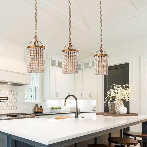 slide 2 of 23, Alisar Mid-century Modern Mini Boho Kitchen Island Pendant with Distressed White Wood Beads