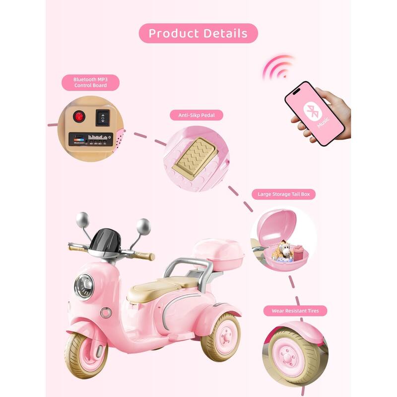 Girls Electric Motorcycle, 2-Seater Kids Motorcycle,12V Ride On Scooter for Kids, Cute Design with Stable 3-Wheel, Ages 3-6