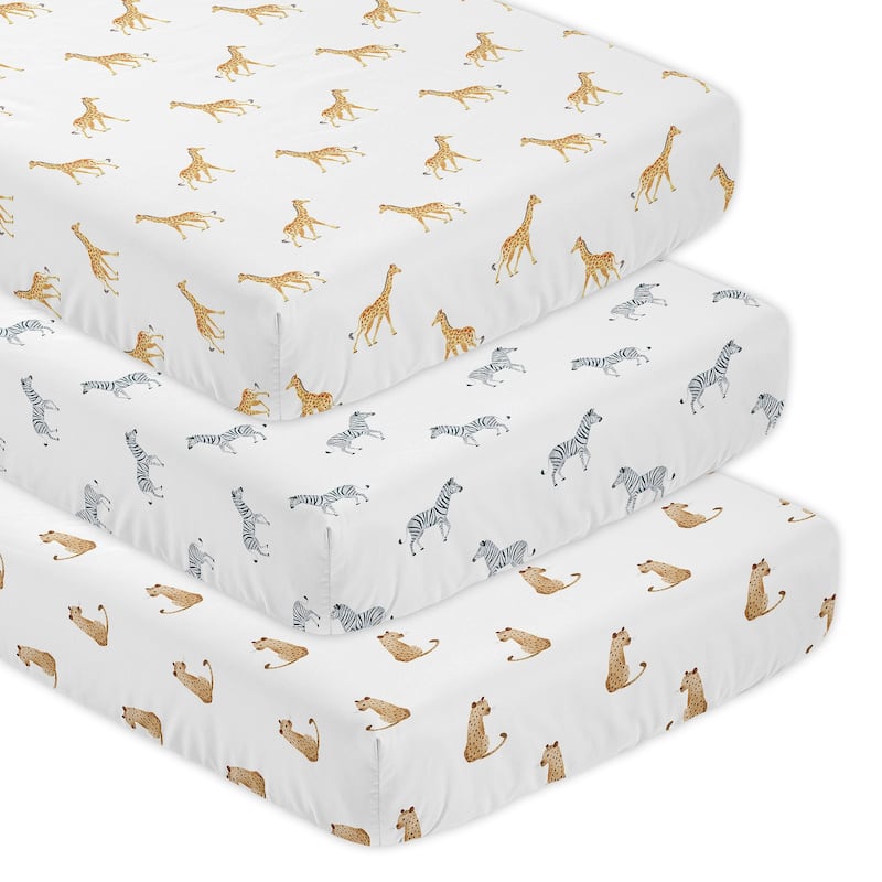 Sweet Jojo Designs Giraffe Leopard Zebra Boy Girl Gender Neutral Unisex 3 Pack Fitted Crib Sheets Jungle Animals Wildlife Safari