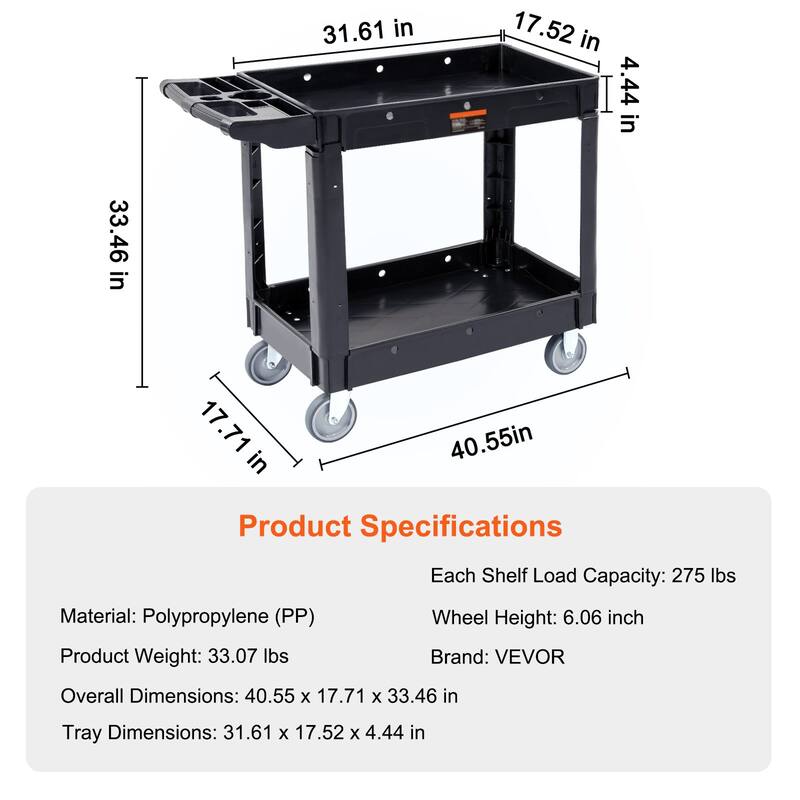 Black Plastic 2 Storage Shelf Rolling Utility Service Cart Swivel Lockable Wheels and Ergonomic Push Handle