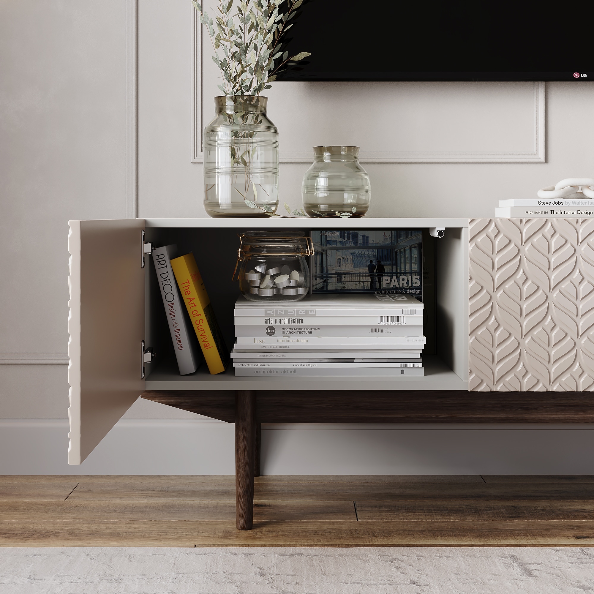 Living Skog Kelly TV Stand Console Fits TV's up to 65 in. with Wood Legs in Mid Century Modern Scandinavian Design