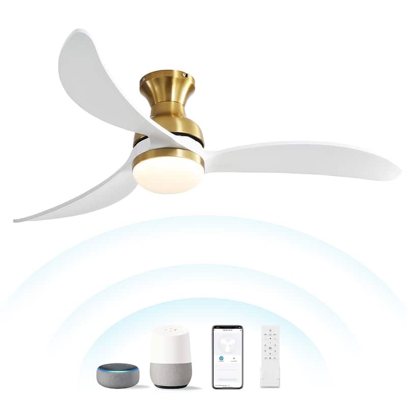 Sofucor 52inch Smart-controlled Flush-mount Ceiling Fan with Streamlined Curved Blades, Remote Control, and Dimmable LED Light - Brass with White Solid Wood Blades