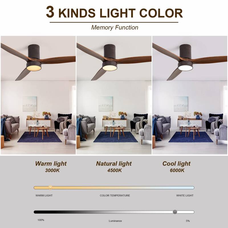 52 Inch Flush Mount Ceiling Fan with LED Light and Remote Control, 3 Solid Wood Blades Fan