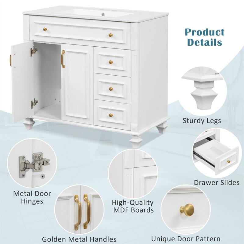 36" Bathroom Vanity with Ceramic Sink, Freestanding Bathroom Vanity Cabinet with Flip-Out Drawer, 3 Drawers & 2 Soft-Close Doors