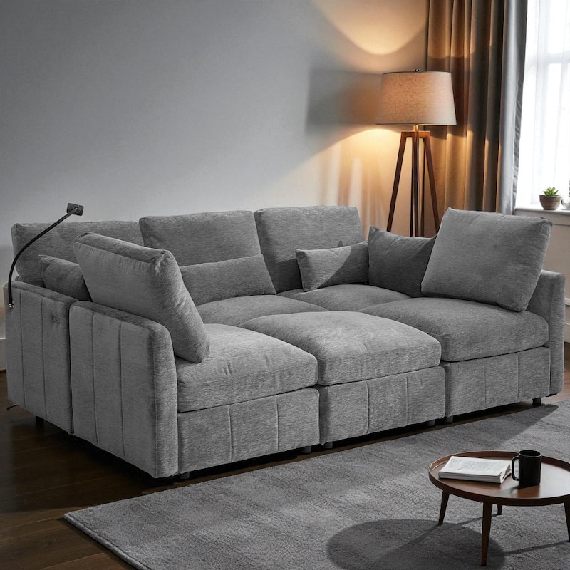 85.4" Modular Sectional Sofa with Movable Ottoman, USB Ports and Phone Holder, Chenille U-Shape Couch for Living Room