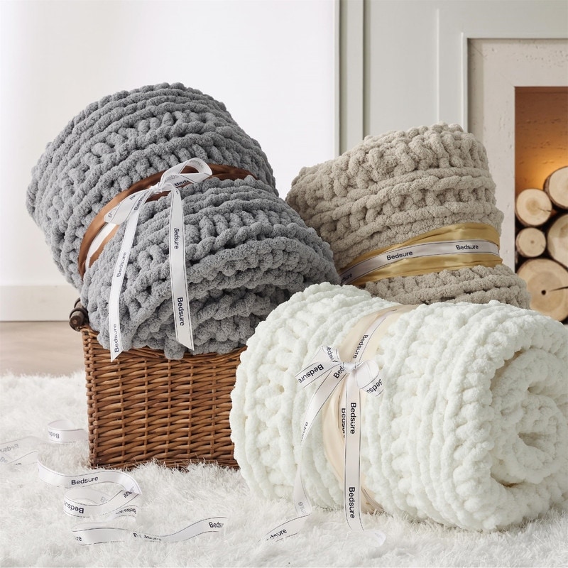 Hand Knit Chenille Chunky Throw Blanket Grey