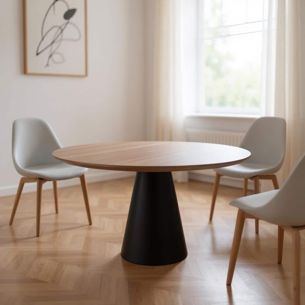 HomeRoots 48" Brown and Black Wood and Metal Pedestal Base Round Top Dining Table - 48.00 in. x 30.00 in. x 48.00 in.