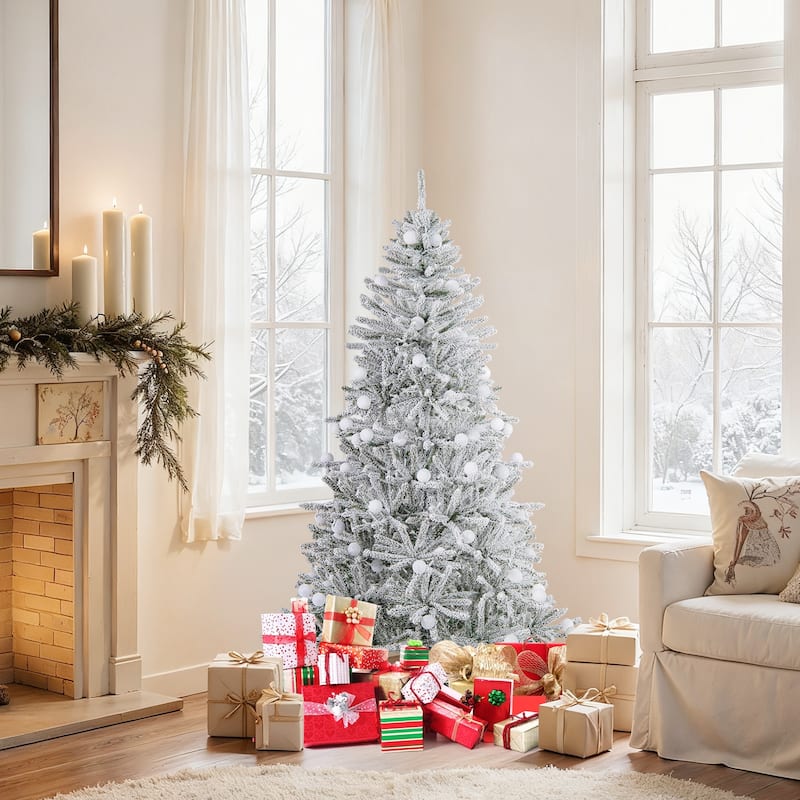 Costway 6/7/8 FT Snow-flocked Artificial Christmas Tree with 51/65/81 - Green & White - See Details