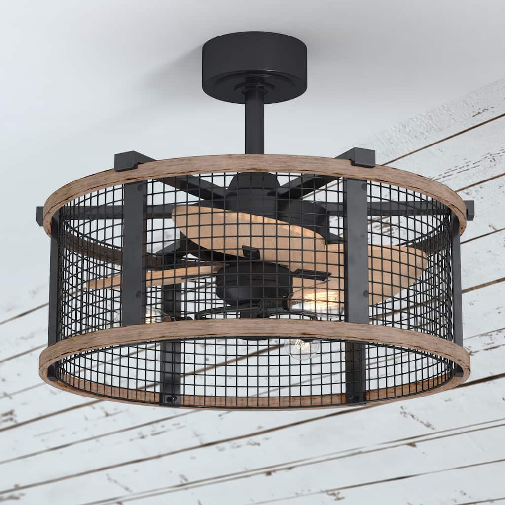 Humboldt 21 in. Indoor Rod Mount Industrial Fandelier Ceiling Fan, Dimmable LED Light Kit and Remote, 3 Speeds Caged Drum Shade