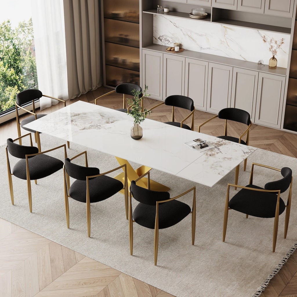 9 - Piece 94.48'' Modern Minimalist Extendable Sintered Stone Top Dining Set with 8 Fabric Chair