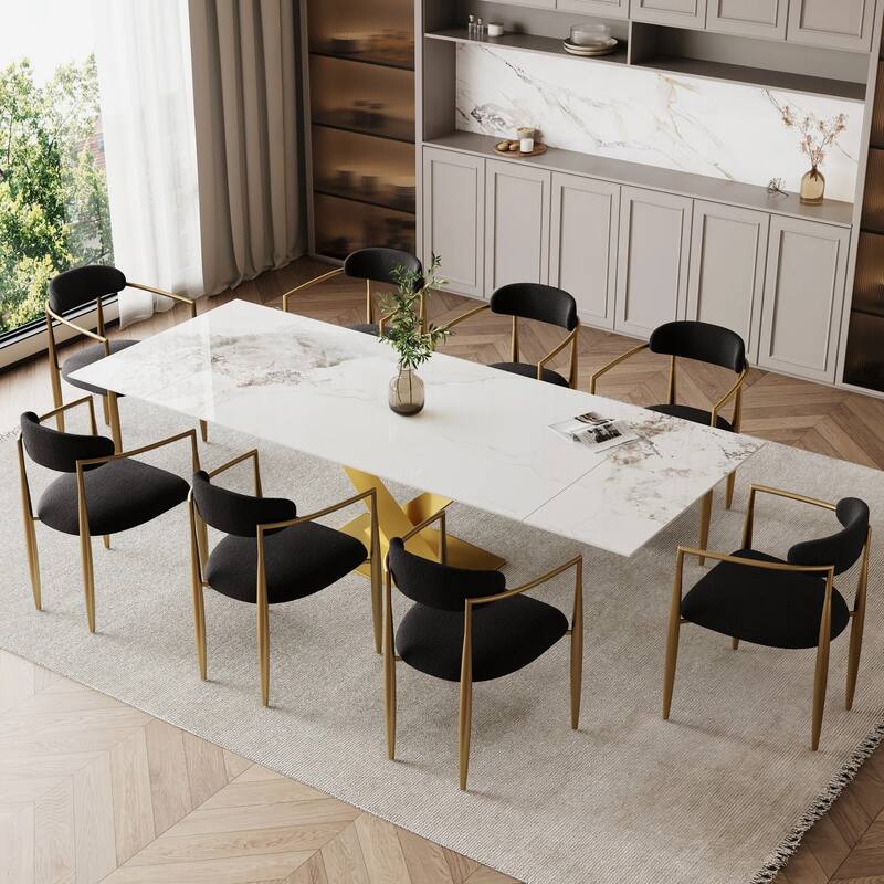 9 - Piece 94.48'' Modern Minimalist Extendable Sintered Stone Top Dining Set with 8 Fabric Chair - Alps White Top/Black&Gold chair