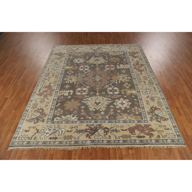 Earth Tone Brown Oushak Indian Area Rug Hand-Knotted Wool Carpet - 8'1" x 9'7"