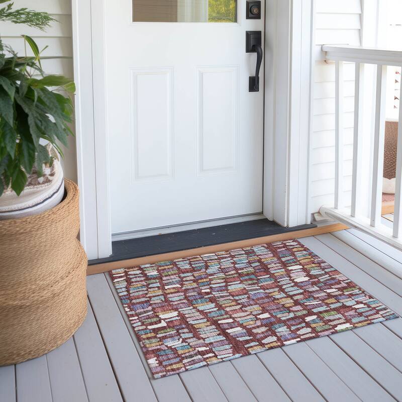 Machine Washable Indoor/ Outdoor Modern Mosaic Chantille Rug - Burgundy - 1'8" x 2'6"