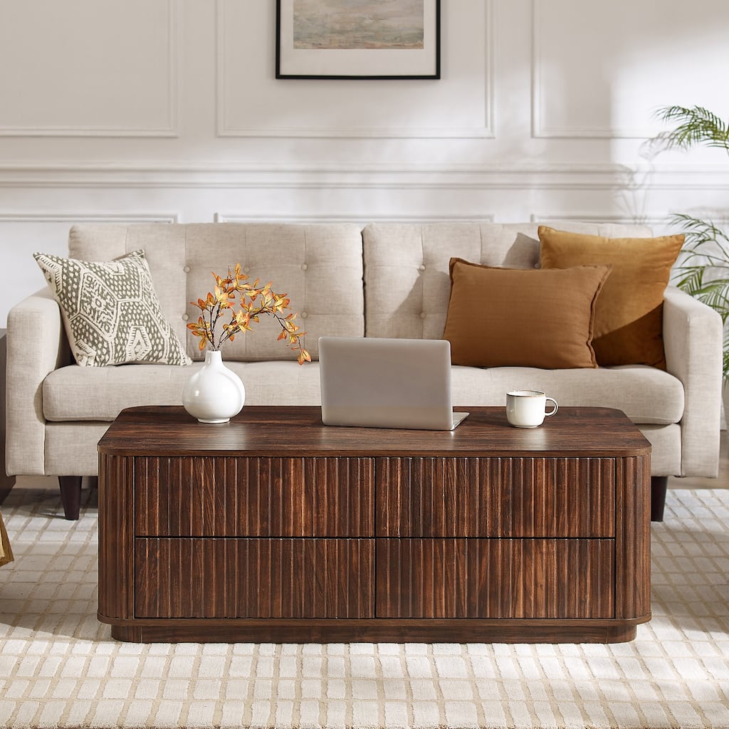 Fluted Coffee Table w/ 4 Drawers, Modern Center Table for Living Room