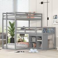L-shaped Wood Triple Bunk Bed with Storage Cabinet and Blackboard ...