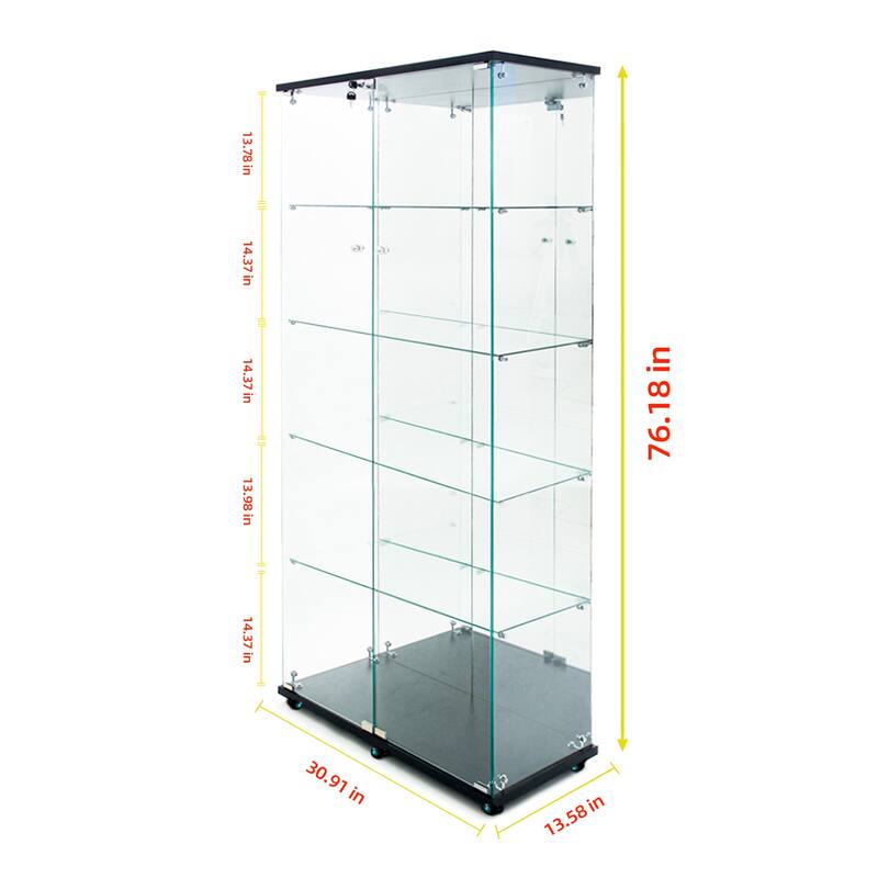 76" Tall Tempered Glass Display Cabinet with Mirror Back, Bluetooth LED Light Strip, Lockable Doors and Casters