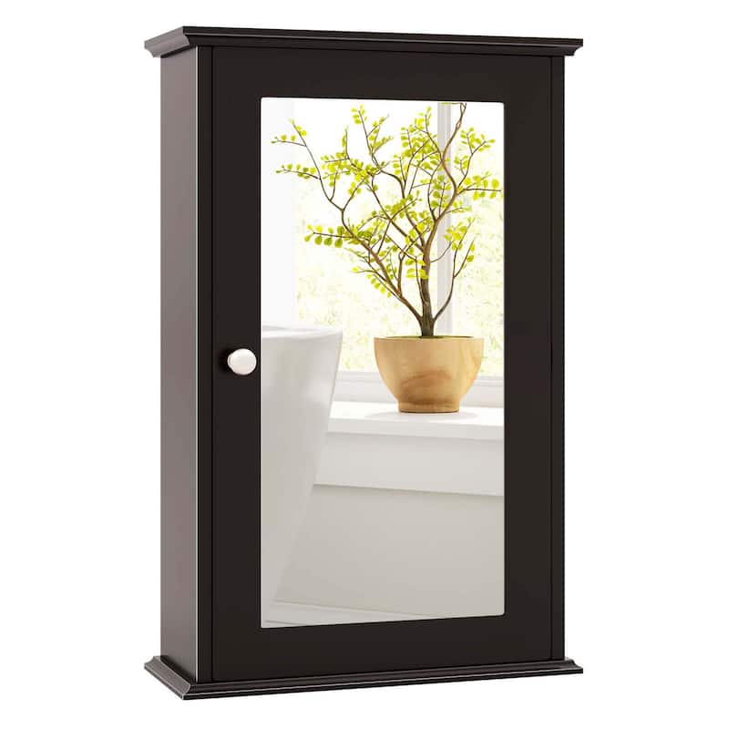 Costway Bathroom Wall Cabinet Single Mirror Door Cupboard Storage - Brown