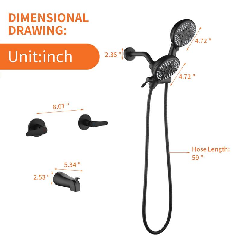 Modland 2-Handle Tub and Shower Faucet Set Dual Head 5-Setting Brass Valve Kit with Lift-Rod Spout