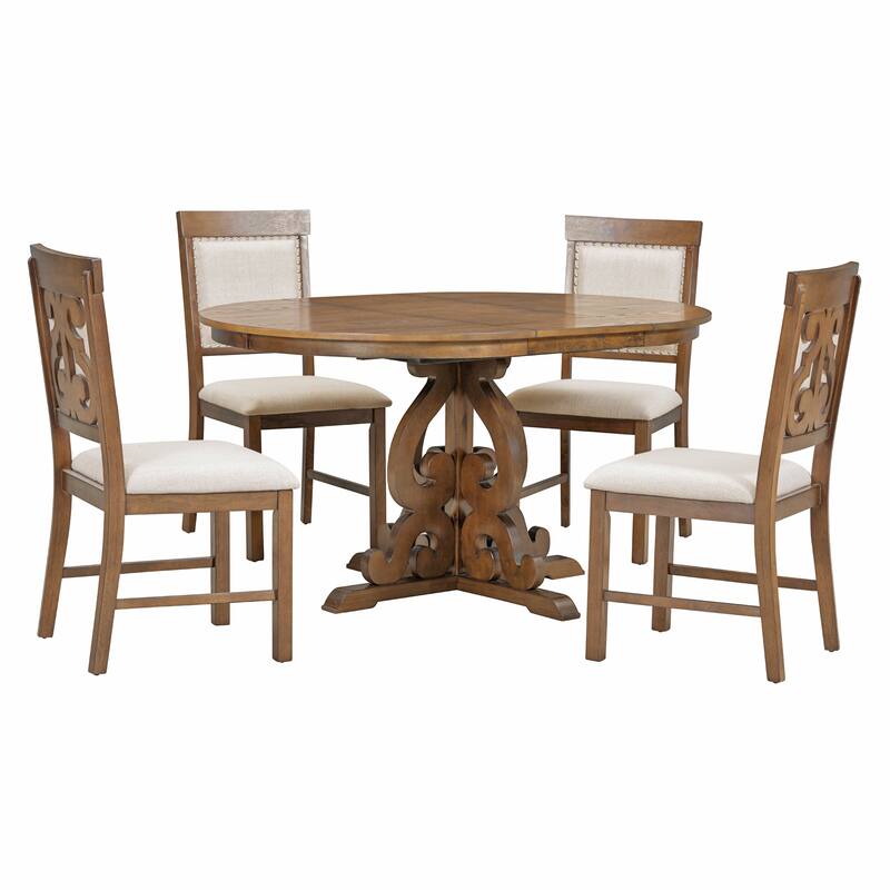 5-Piece Retro Functional Dining Set, 1 Extendable Table with a 16-inch Leaf and 4 Upholstered Chairs - Walnut