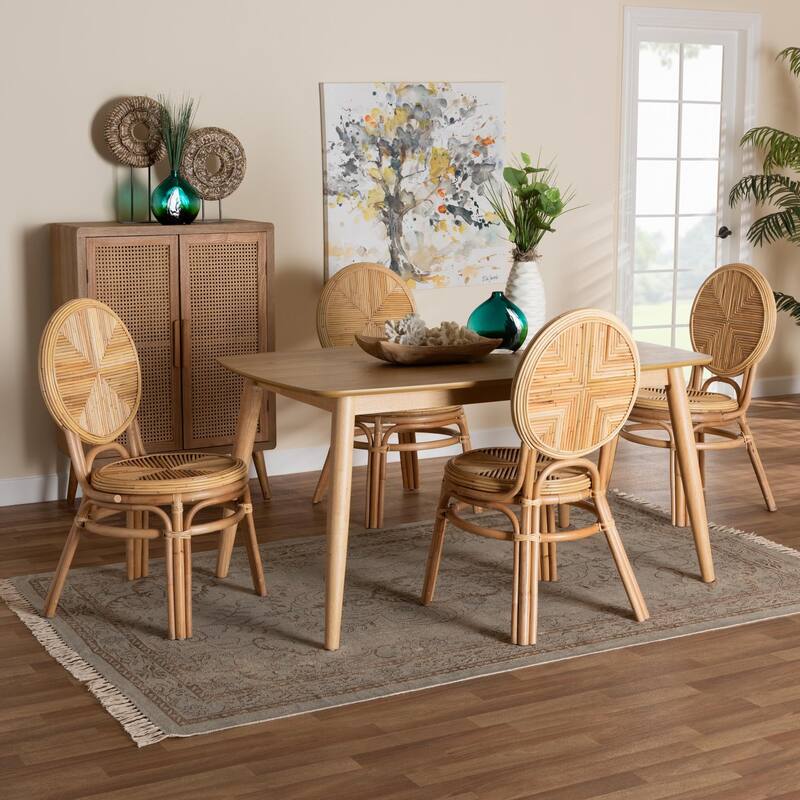 Carita Modern Bohemian Natural Brown Rattan 5-Piece Dining Set
