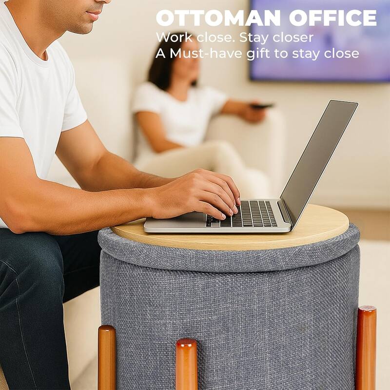 Modern Linen Ottoman with Pine Legs and Hidden Storage Flip Tray