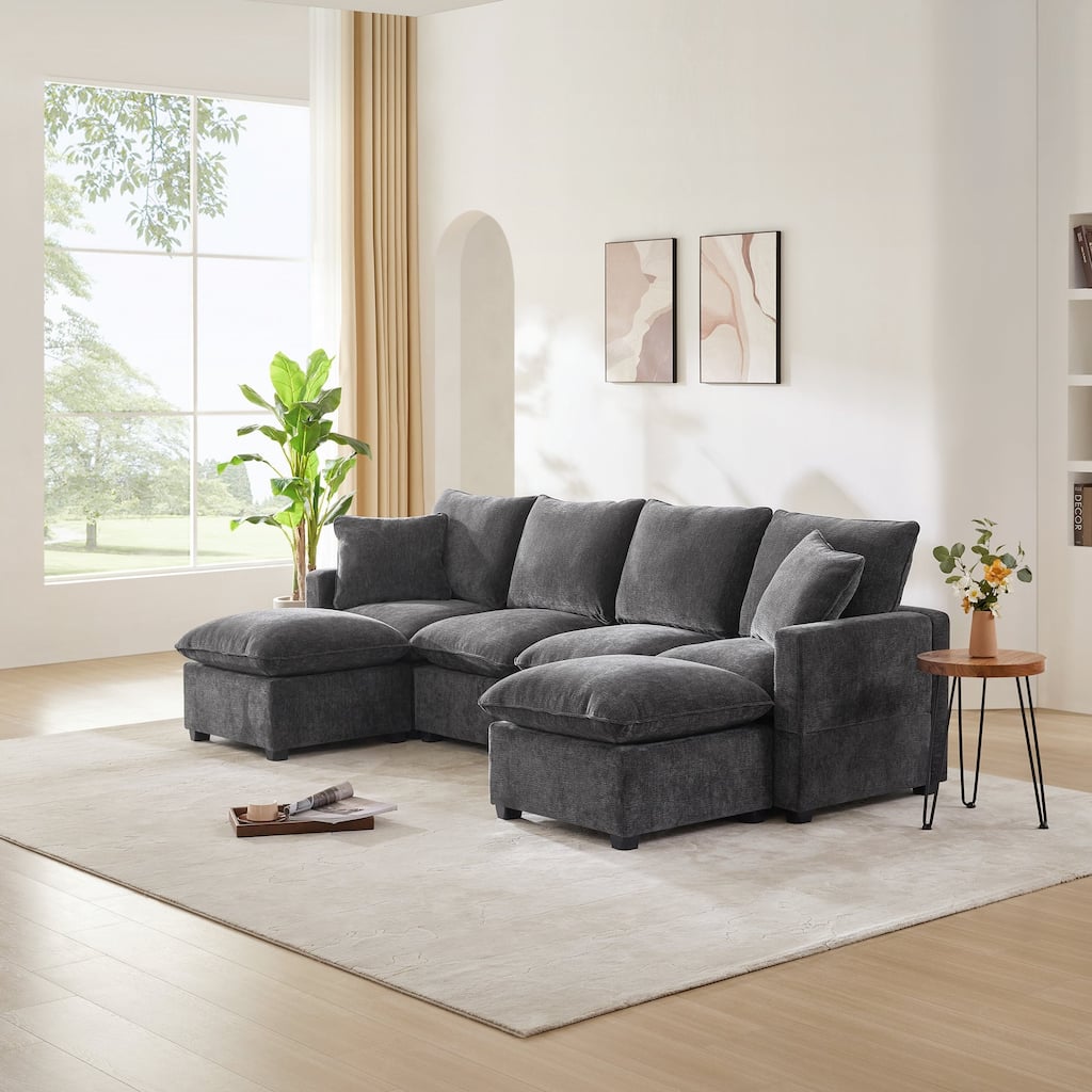 Modern U Shape Modular Sofa 6 Seat Chenille Sectional Couch Set