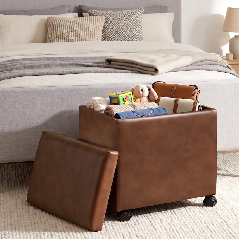 Adeco 16" W Upholstered Rectangle Storage Ottoman with Tray and Pocket