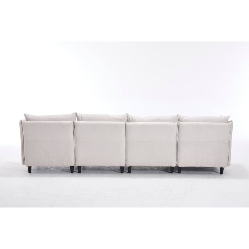 Modular 4-Seater L Shaped Sofa with Movable Ottoman, Beige