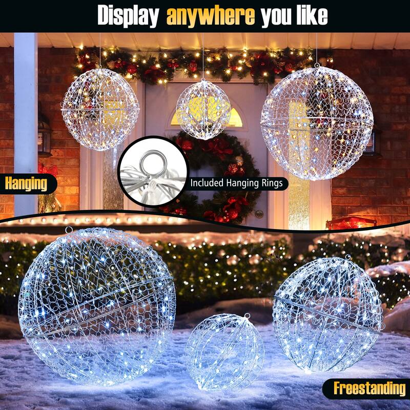 Gymax 3 Pcs Lighted Christmas Balls w/435 LEDs 3 Light Color 8 Dynamic - See Details