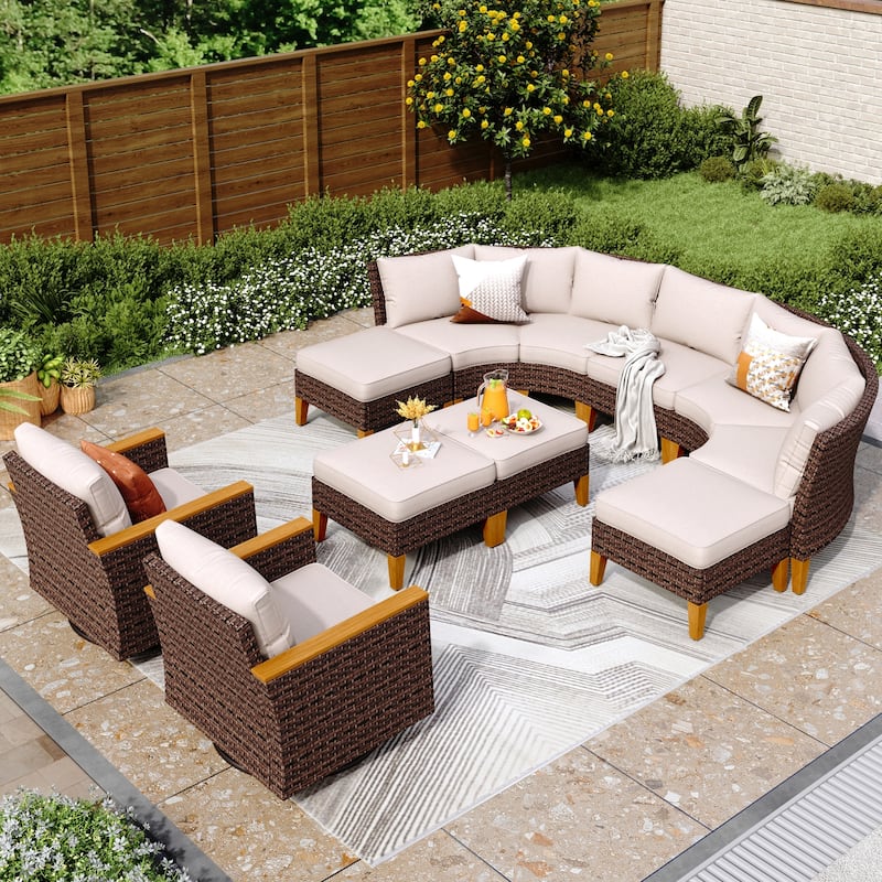 10 Piece Patio Wicker Rattan Furniture Set, Half-Moon Rattan Conversation sets with 2 X Swivel Chair Sofa and Firepit Table - 11-Seat