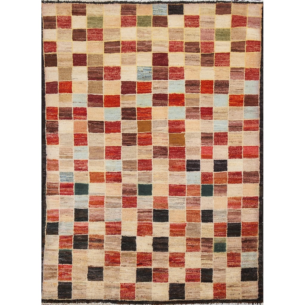Checkered Gabbeh Kashkoli Oriental Area Rug Hand-knotted Wool Carpet - 3'4" x 4'10"