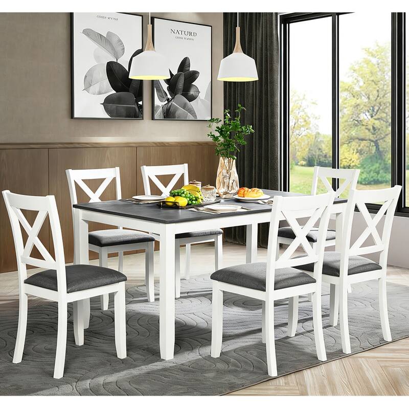 7-Piece Dining Set, 58.5" Wood Dining Table with 6 Padded Chairs