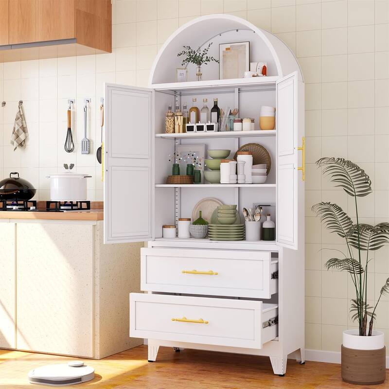 73"H Metal Tall Arched Kitchen Pantry Storage Cabinet with 2 Door and Drawer