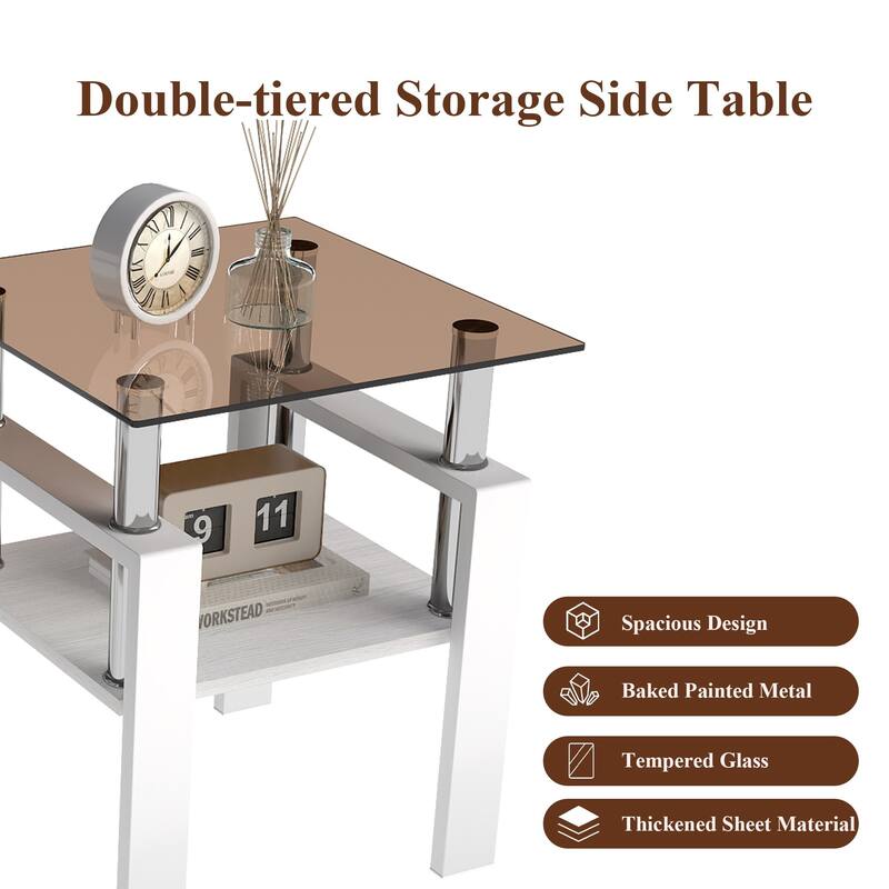 Set of 2 Modern Brown Tempered Glass Tea Table