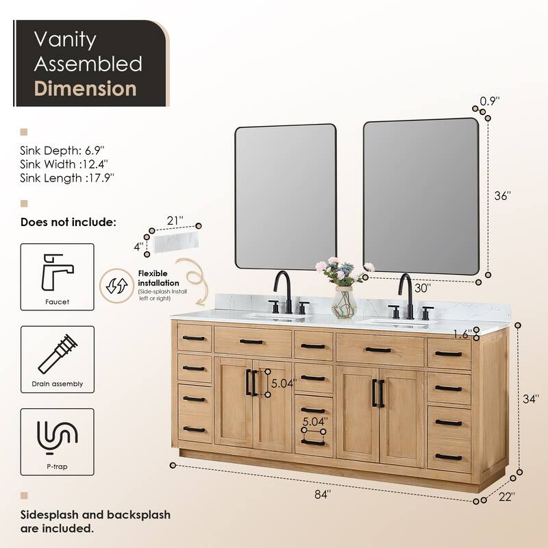 Altair Gavino Bath Vanity with Grain White Composite Stone Top and Mirror