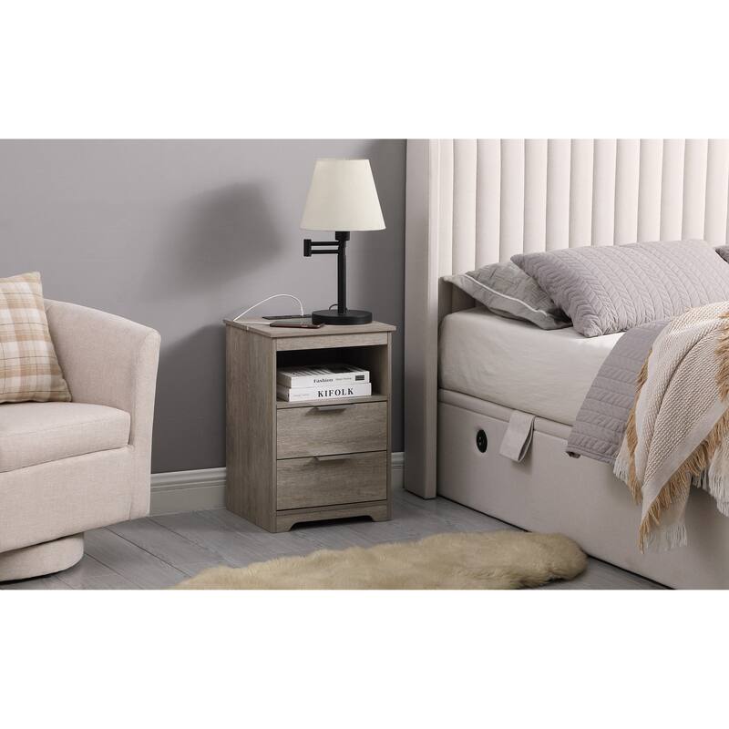 Modern Nightstand with Charging Station, Dual Drawers, and Open Shelf for Bedroom or Living Room