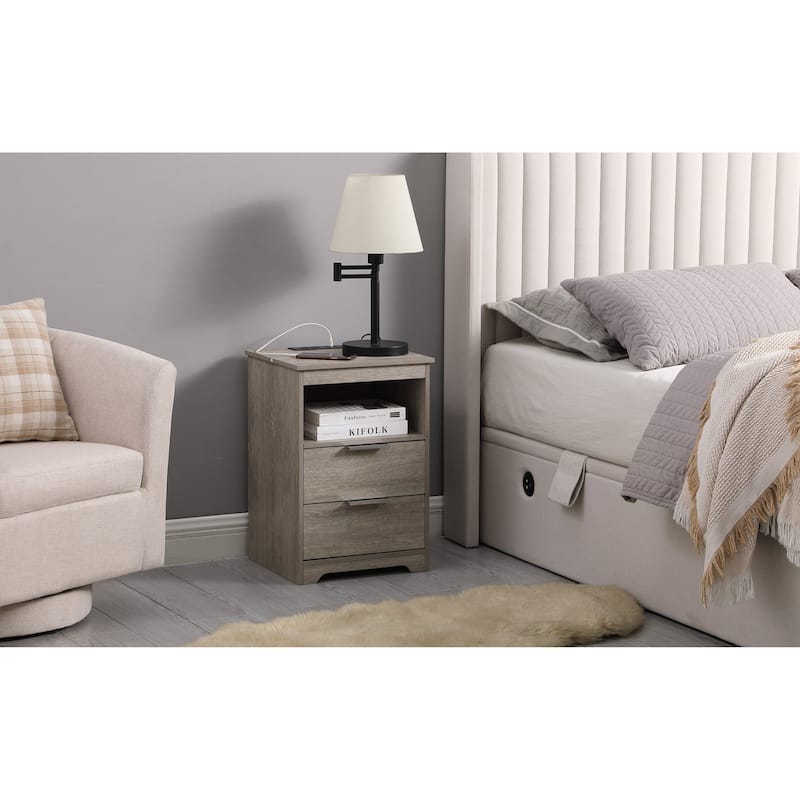 Nightstand with Charging Station,End Table with 2 Drawers,Wooden End Table with Drawer and Opening Shelf