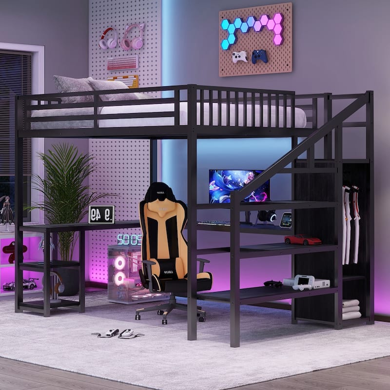 Metal Loft Bed with L Shaped Desk,USB,Wardrobe and LED Light